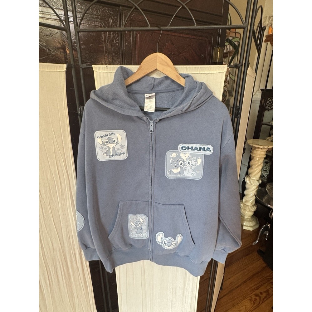 Disney Stitch Lilo & Stitch Blue Full Zip Hoodie Ohana Patch Graphic Sweatshirt